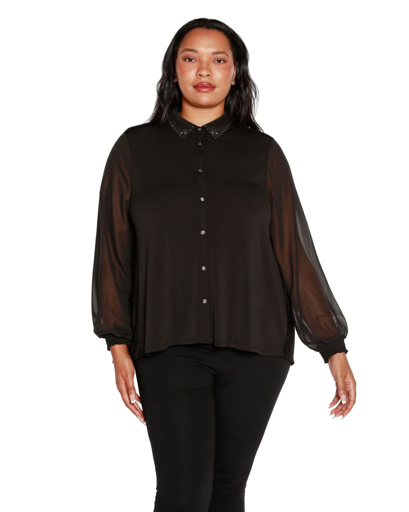 Front of a model wearing a size 2X Plus Size Pleated Back Embellished Top in Black by Belldini Black Label. | dia_product_style_image_id:319179